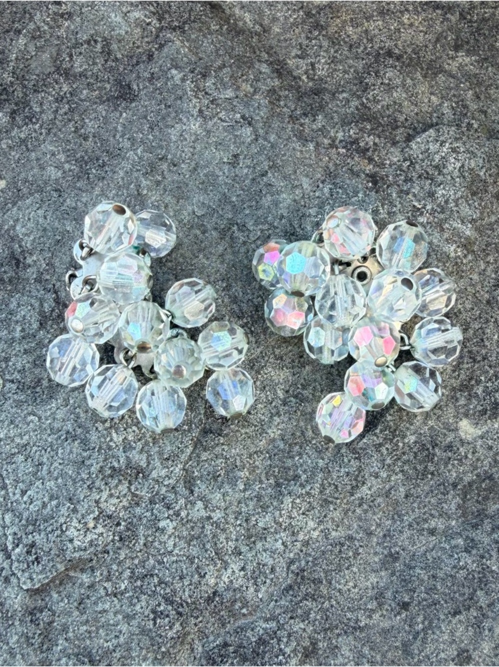 Vintage Rock Crystal Aurora Borealis Beaded Clip On Earrings